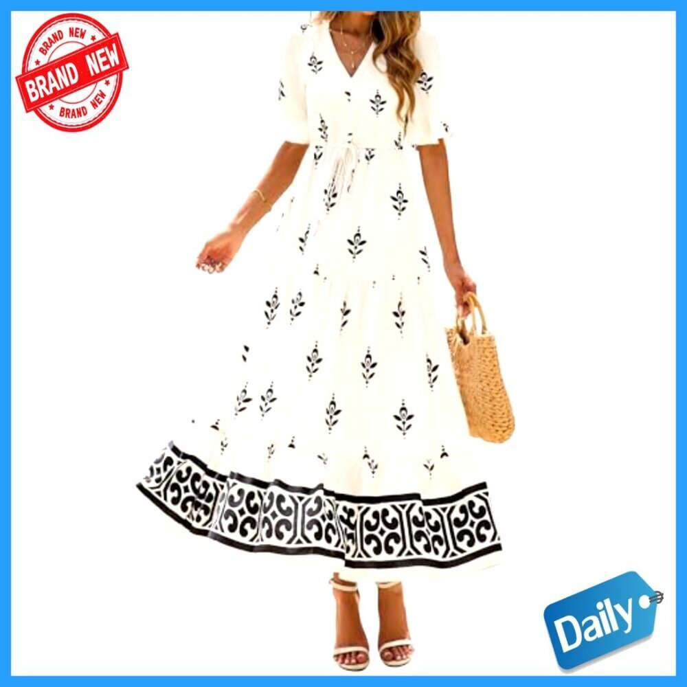 Floral Boho Maxi Dress with Pockets, V-Neck, Short Sleeve, Elastic Waist - Picture 5 of 7